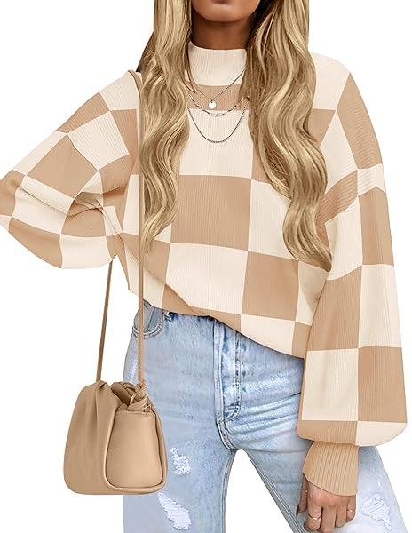 ZESICA Women's 2026 Spring Fashion Turtleneck Long Sleeve Striped Ribbed Knit Loose Pullover Sweater Tops