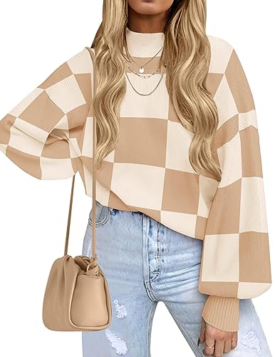 ZESICA Sweater Tops - Khakiplaid
