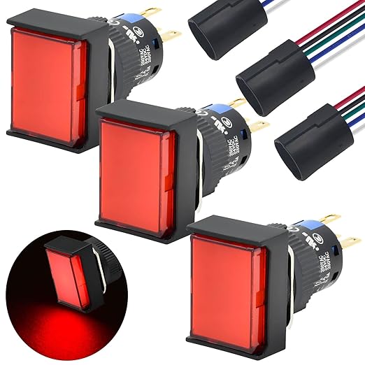 3 Pcs 16mm Push Button Switch Latching Rectangle 12V DC Red LED Light UL Certification 0.63" Mounting Hole SPDT 5Pin Waterproof IP65 with Wire