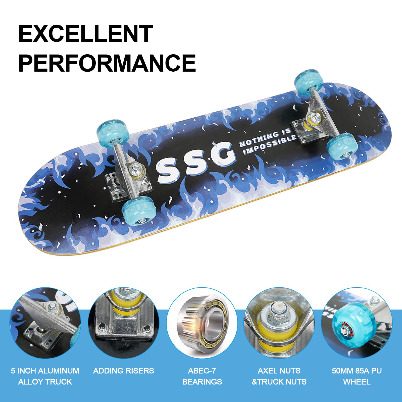 Skateboard completo a 7 strati di acero canadese Double Kick | Cuscinetti a sfera ABEC-7, superficie antiscivolo, ruote in poliuretano 85A da 50 mm, per bambini e adulti