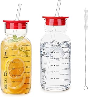 16oz Glass Water Bottle with Straw, Glass Tumbler Capacity Mark Juice Bottles Iced Coffee Cups Leak Proof BPA Free Glass for Car Cup Holder, Office, Travel [2 Pack]