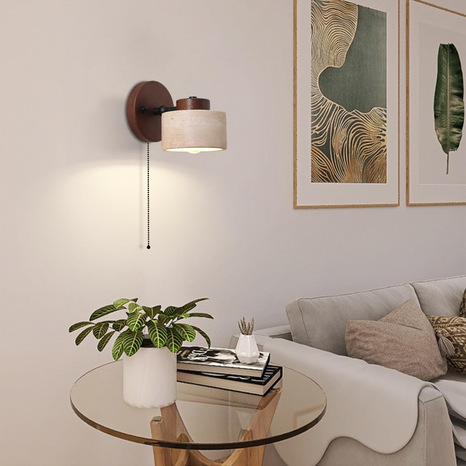 Żółta lampa ścienna z trawertynu, japoński styl oświetlenia artystycznego wabi-sabi, kinkiet ścienny z naturalnego kamienia z drewnianą podstawą i włącznikiem pociąganym(Walnut color)