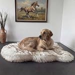 Faux Fur Orthopedic Dog Bed, Memory Foam, White w/Brown Tips 50"x30" | Plush Washable Dog Rug with Waterproof Machine Washable Cover, Calming for Anxious Senior Dogs, Relieves Joints