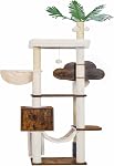 Heybly Wood Cat Tree for Indoor Cats, Cat Condo for Large Cats,Modern Cat Scratching Tower with Basket,Hammock,Dangling Ball and Leaves,Rustic Brown HCT120SR