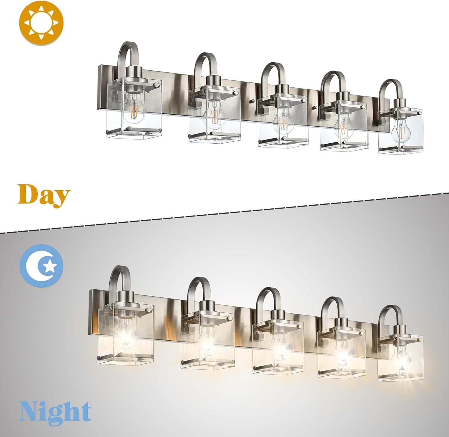 Bathroom Vanity Light 5-Light Wall Sconce Lighting Modern Wall Light with Clear Glass Shade Modern Brushed Nickel Wall Lamp Mounted Lights Over Mirror for Living Room, Bedroom, Hallway