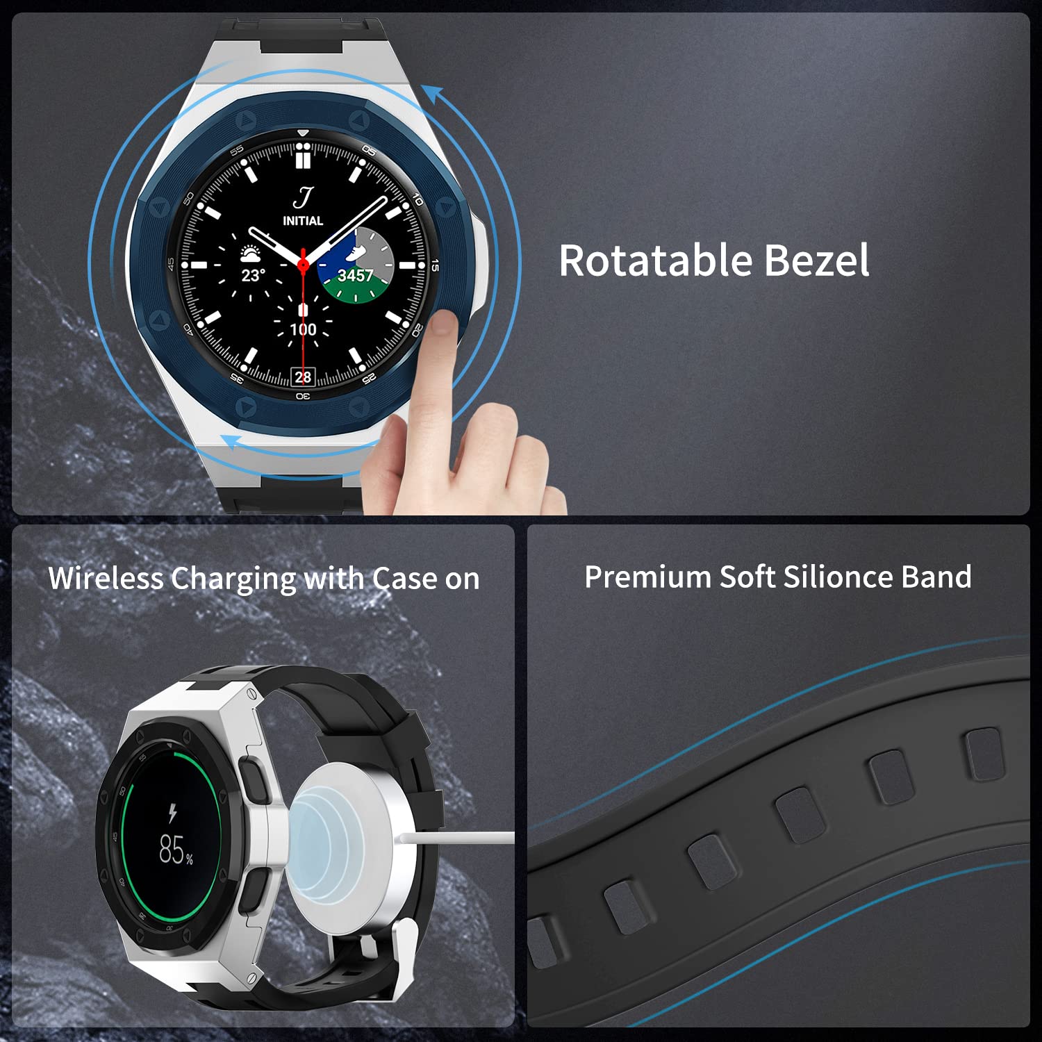 Custodia di lusso progettata per Samsung Galaxy Watch 4 Classic 46 mm 2021, robusta custodia protettiva militare in metallo con cinturino tattico in silicone da uomo
