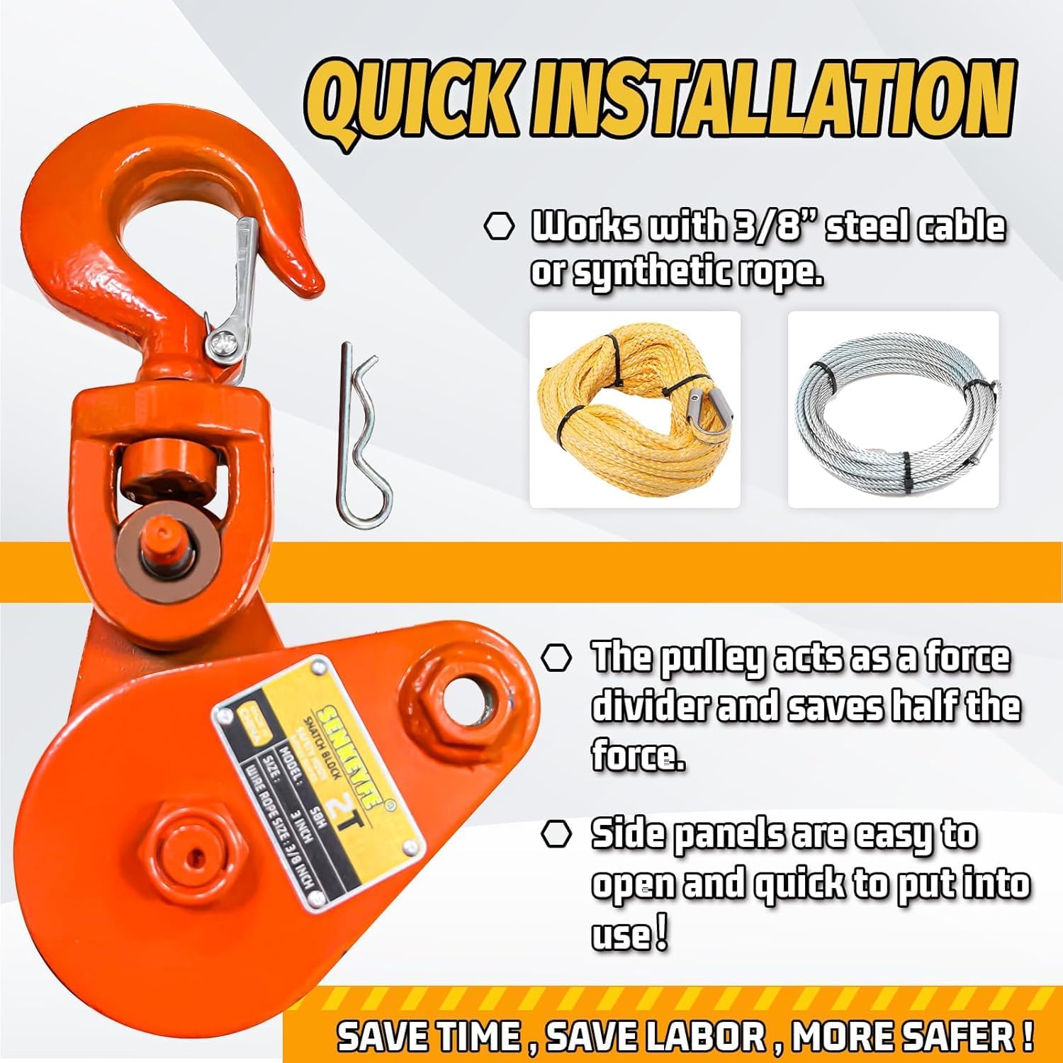 2 Ton Snatch Block with Hook, 3" Sheave for 3/8" Inch Wire Rope, Snatch Block Pulley for Tow Truck Rollback Wrecker Hauler, Winch Pulley Winch Accessories (2PCS) - Image 4