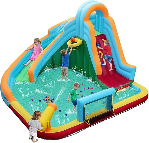 HONEY JOY Tobogán acuático inflable, 6 en 1 Mega parque acuático hinchable con tobogán, piscina de chapoteo, pared de escalada, portería de fútbol,