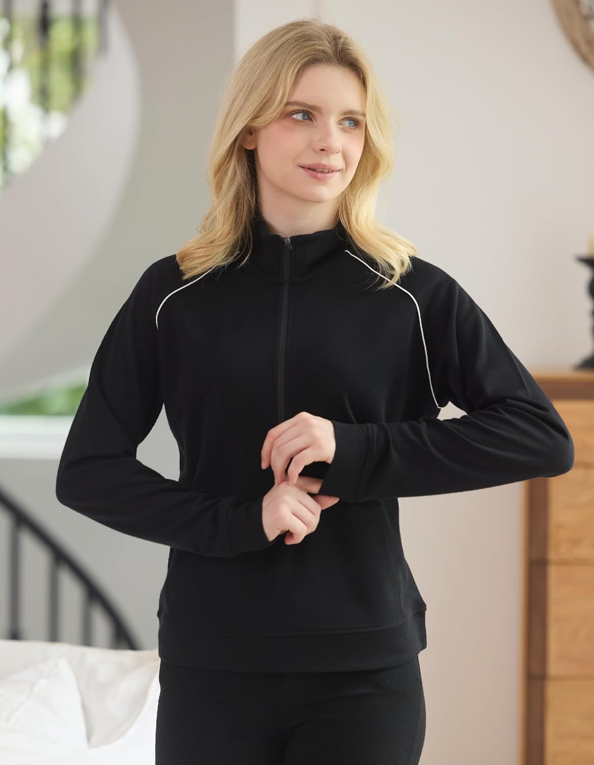 Merino Wool Quarter Zip Pullover for Women for Sport Workout, Thermal Collared Soft Cozy Sweatshirts for Women - Image 2