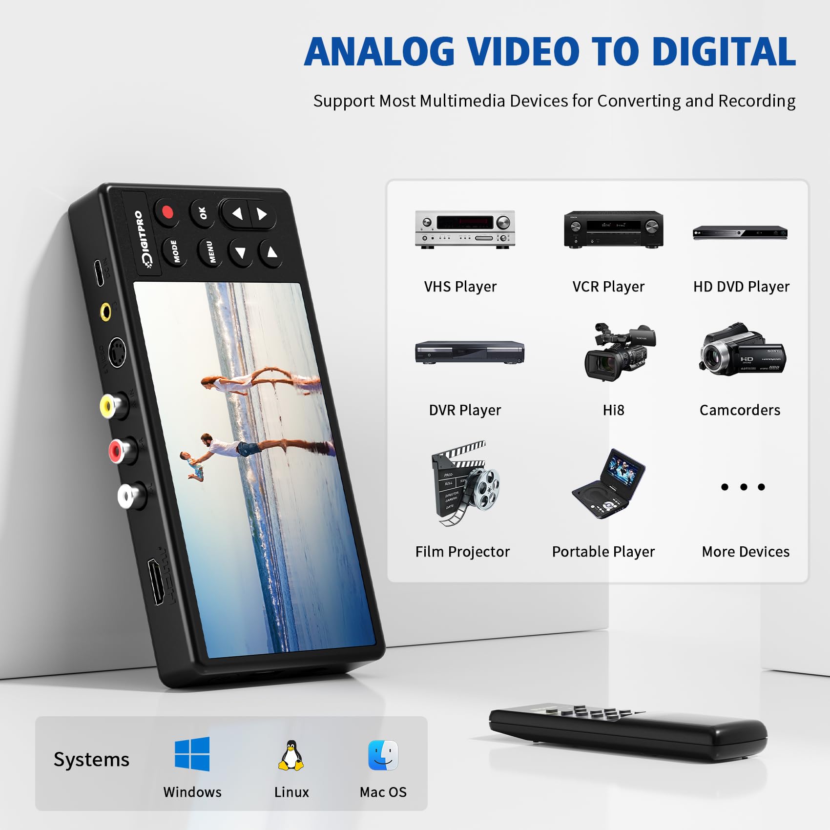 VHS to Digital Converter, HD 5" Große Leinwand VHS Digitalisieren Videorecorder, VHS Video Grabber Compatible with Mini DV, DVD Player, Blu Ray Player, Hi8, Camcorder, Kassette Tape, Gaming Consoles