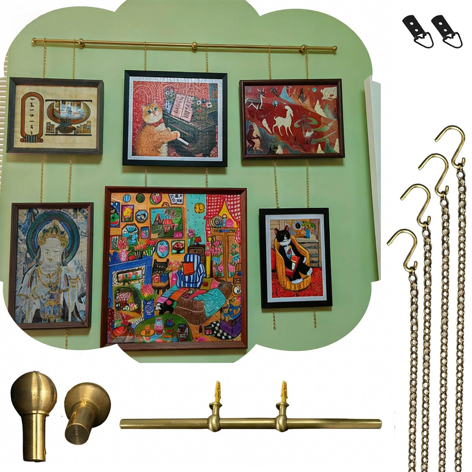 Colgar Cuadros Sistema de Colgado para Cuadros con Varillas de Latón, Riel de Pared para Galerías de Arte con 6/4/2 Cadenas, Expositor para Colgar Obras de Arte en El Hogar(4 Chain,105cm/41.3in/3.4ft)