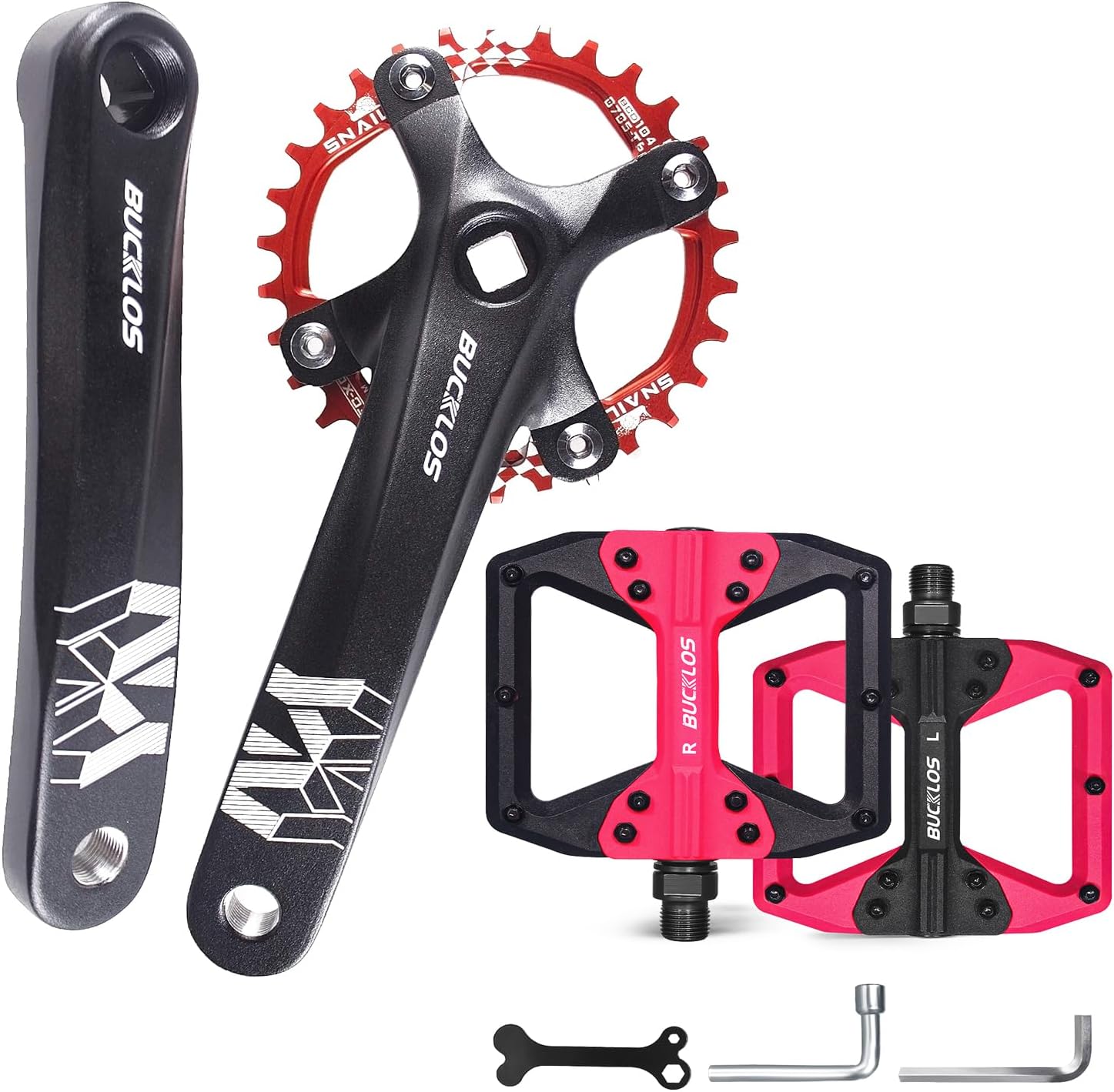 BUCKLOS MTB Mountain Bike Single Speed Square Taper Crankset -170mm Cranksets Bicycle Crank Set with 104BCD 32/34/36/38/40/42T Round/Oval Chainring,MTB Flat Nylon Bicycle Pedal with Large Platform