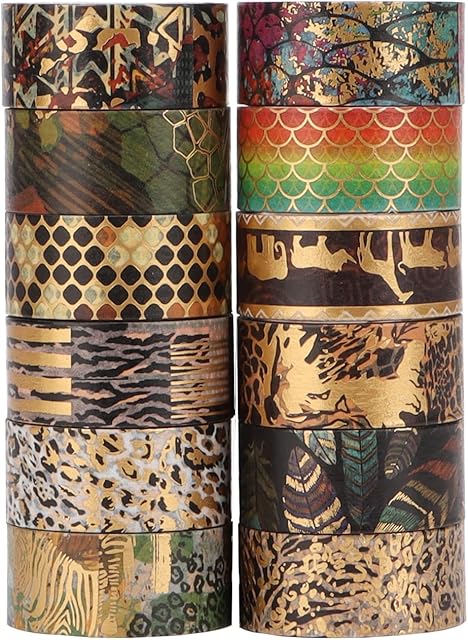 Animal Stripes Washi Tape Set 12 Rolls, 15 mm Wide, Gold Foil Printed Animal Stripes Pattern, Japanese Masking Tape (3m), Decor for Scrapbook, Bullet Journal, Scrapbooking Supplies