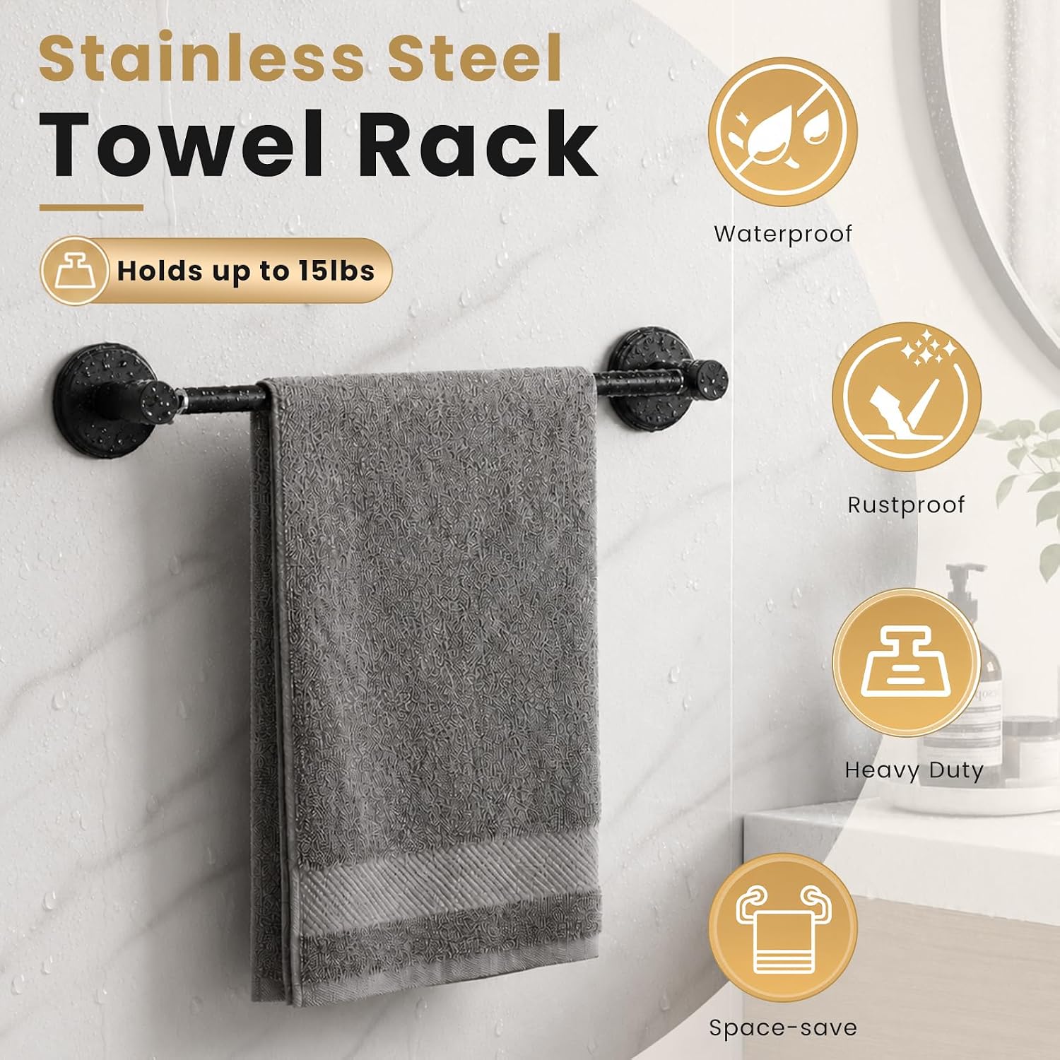 No Drill Towel Rack, Adjustable Shower Rack Matte Black image 5