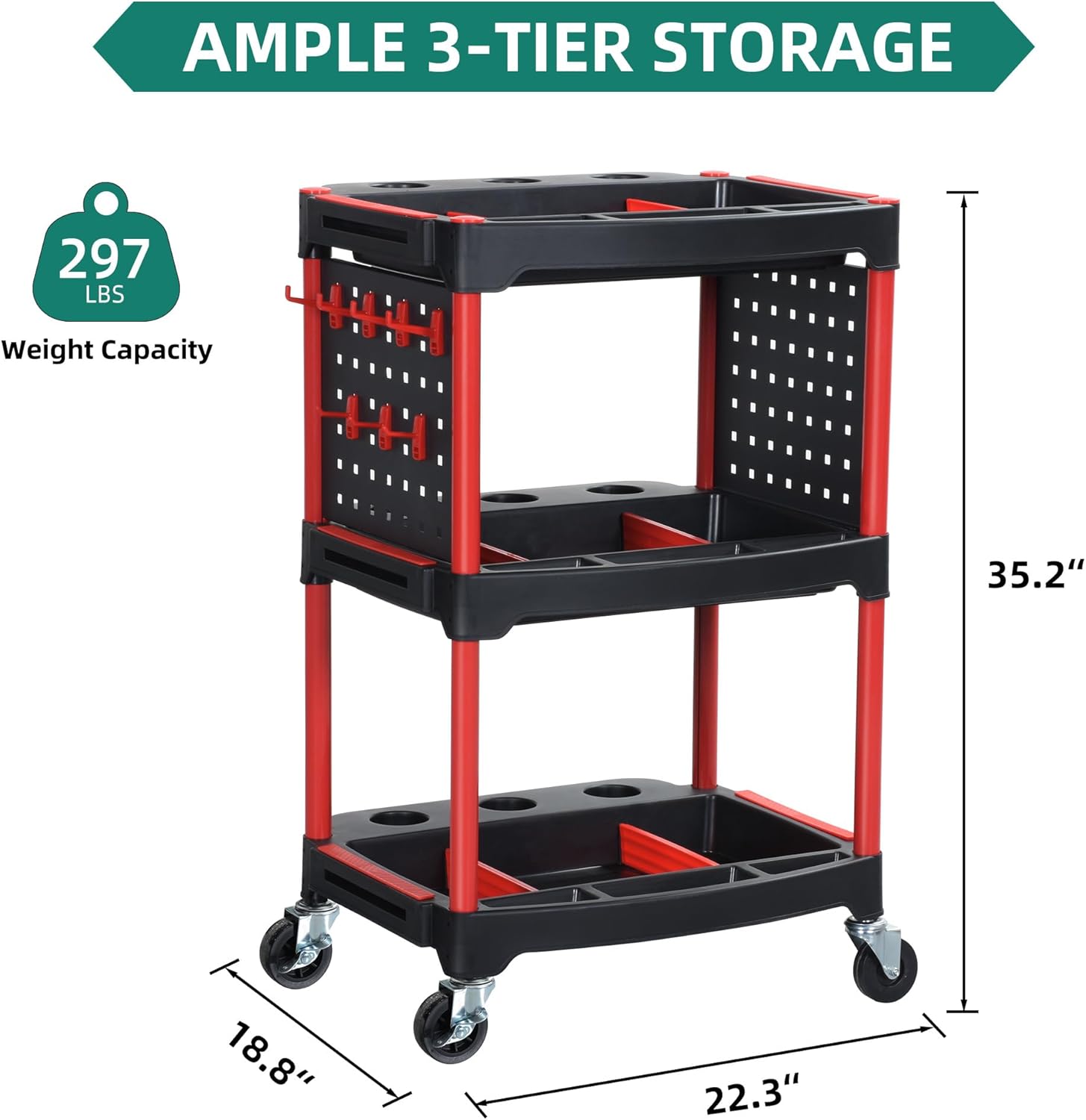 YITAHOME Auto Detailing Cart with Wheels, 3 Tier Rolling Detail Cart with 2 Side Hanging Plate & Hooks, Cars Wash Organizer Carts for Detailers Garage, Workshop, Repair Shop, Storage Tool
