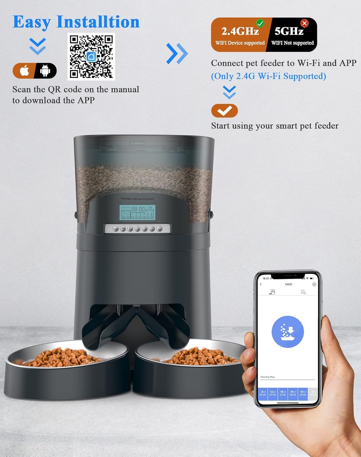 BrooBirder Mangiatoia Automatica 6L Per Gatti Con Wi-Fi A 2.4/5GHz, Sensore Di Movimento, Ciotole In Acciaio Inox, Controllo App E Cloud Storage Opzionale, 10 Pasti Giornalieri, Nero Opaco