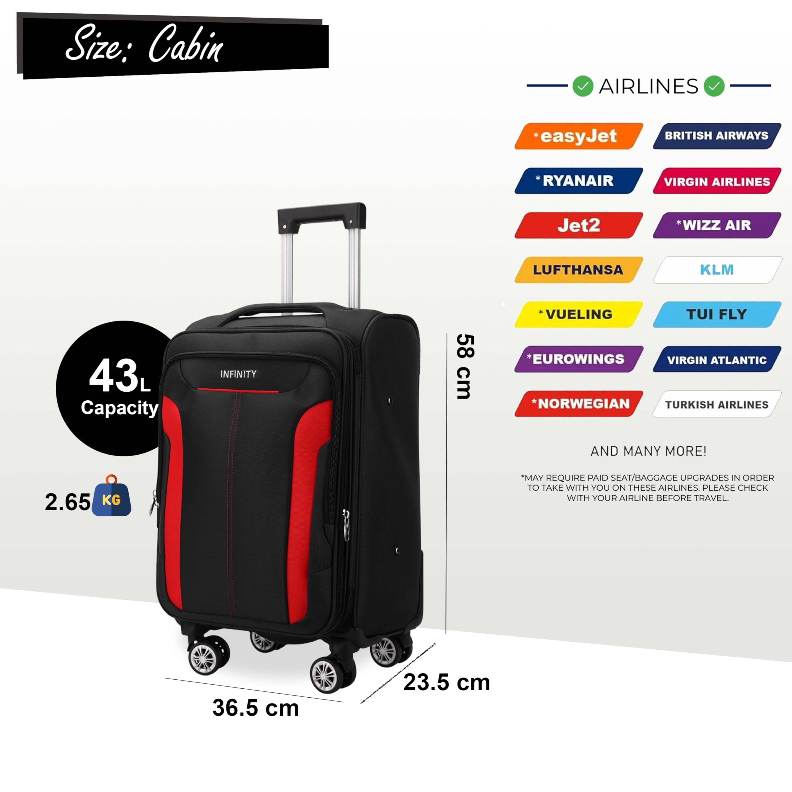 Infinity Leather Rozszerzalne zestawy bagażowe miękka skorupa lekki nylonowy wózek podróżny walizka kabinowa torby wakacyjne walizka, Czarny, S(58cm 43L), Bagaż podręczny