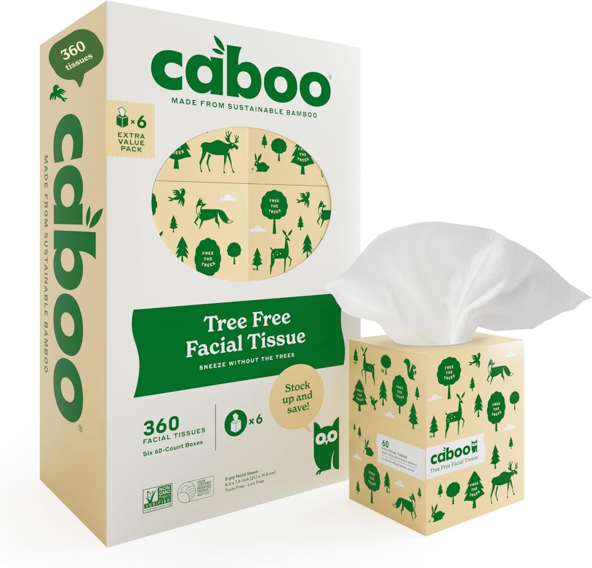 Caboo Tree Free Facial Tissue Paper, Tissue Box with 60 Sheets Per Cube, Total of 6 Cubes, 360 Total Tissues