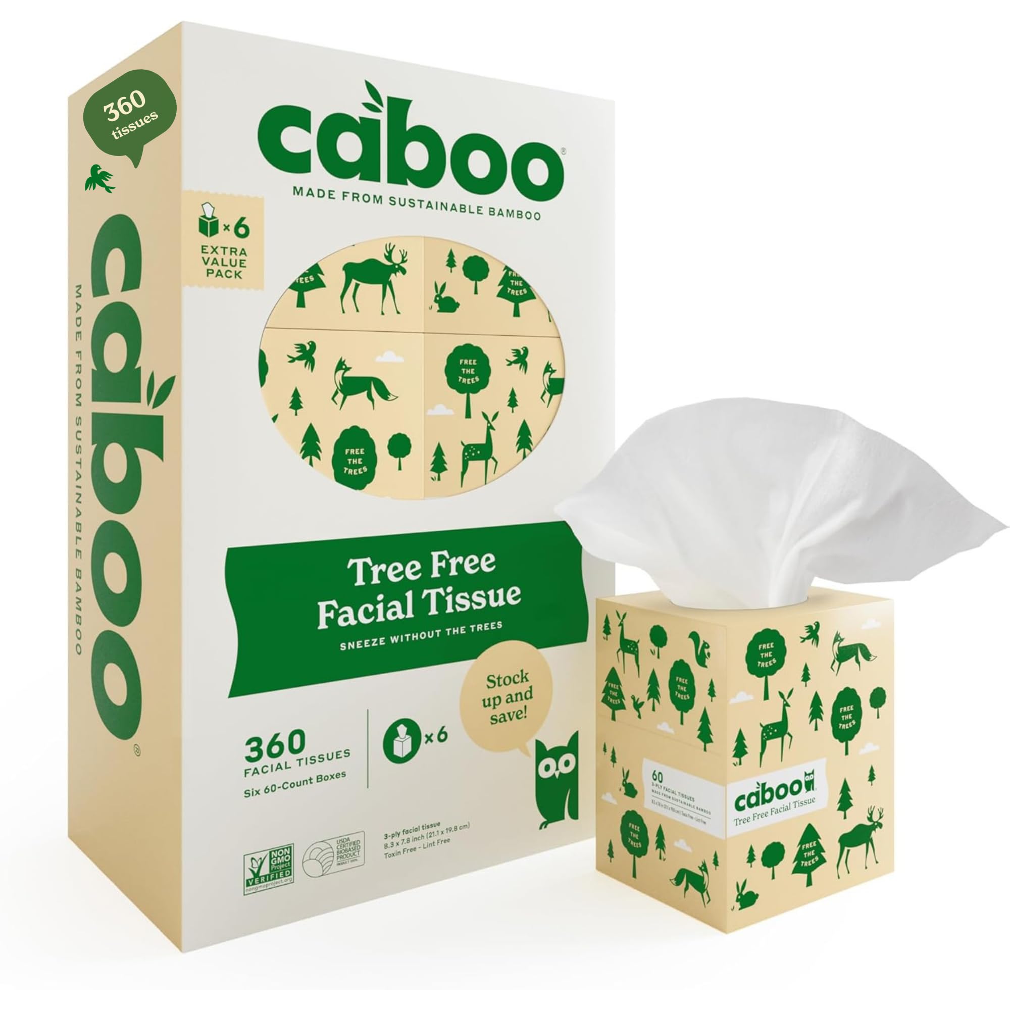 Tree Free Facial Tissue Paper, Tissue Box with 60 Sheets Per Cube, Total of 6 Cubes, 360 Total Tissues