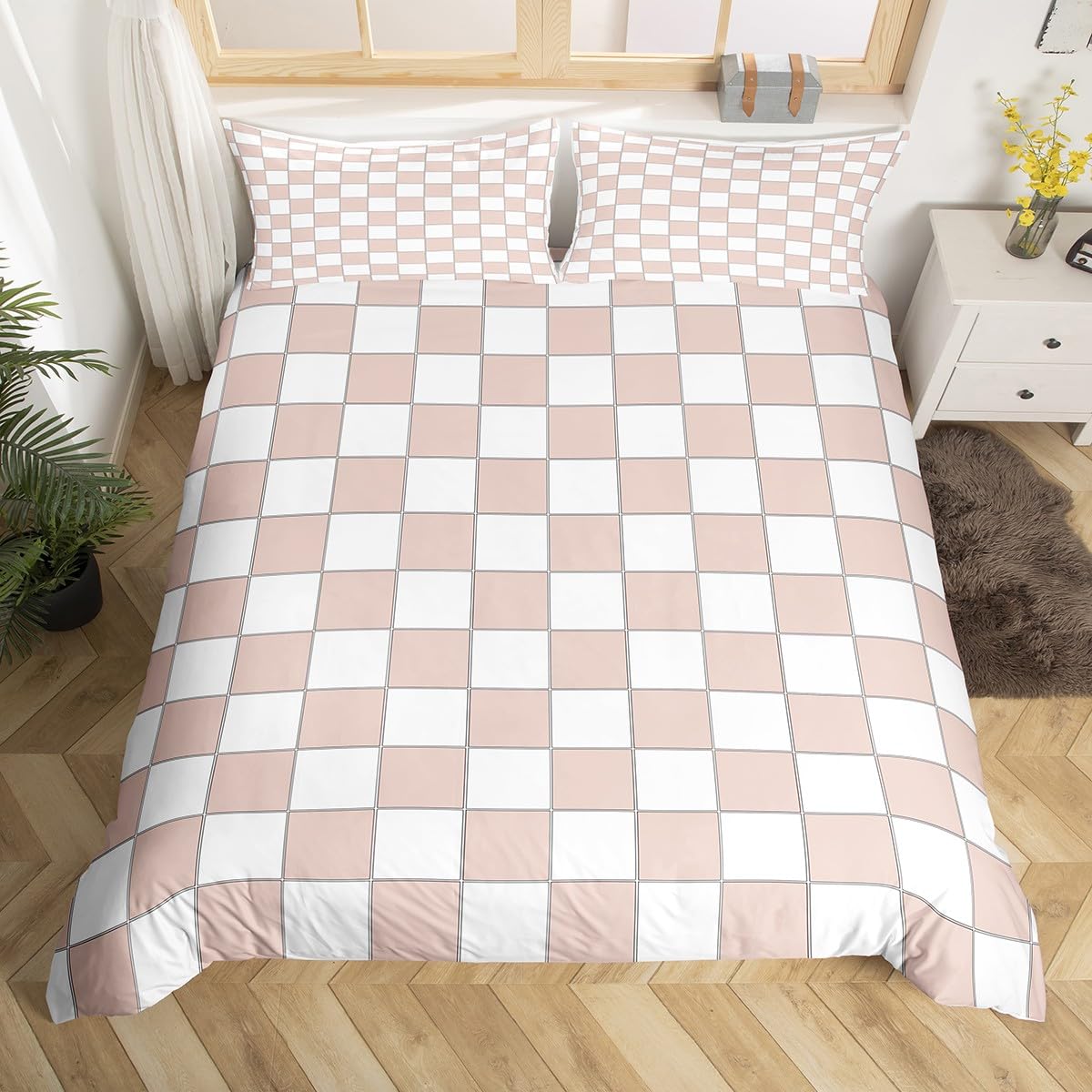 Light Pink Checkered Duvet Cover King White Cream Checkerboard Bedding Set,Buffalo Plaid Grid Comforter Cover For Kids Girls Teen Aesthetic Geometric Gingham Bed Set Modern Room Decor
