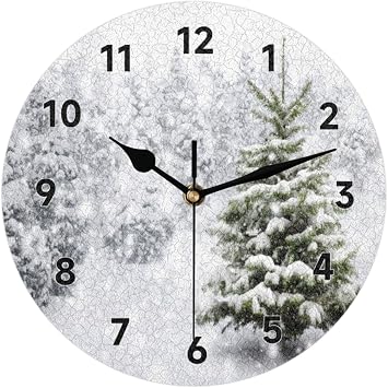 Snow Trees Wall Clock Decorative Round 12 Inch Winter Themed Wall Clocks Battery Operated for Kitchen Living Room Bedroom Bathroom Office Home Decor