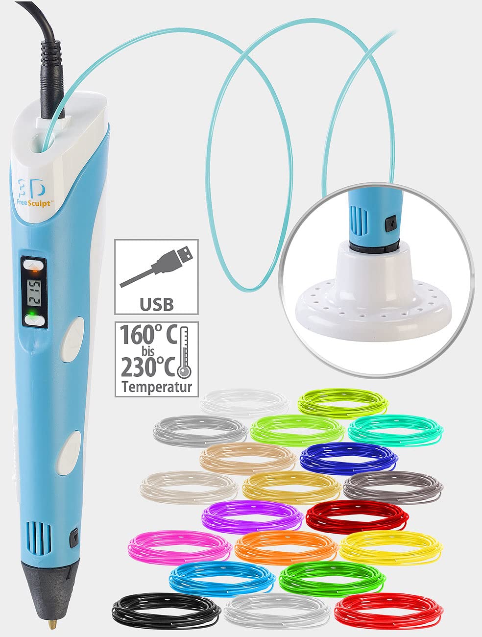 FreeSculpt 3D Druckstift: 3D-Drucker-Stift, USB-Stromversorgung, inkl. 20 PLA-Filamente (Printing Pen, Stift Kinder, wie)