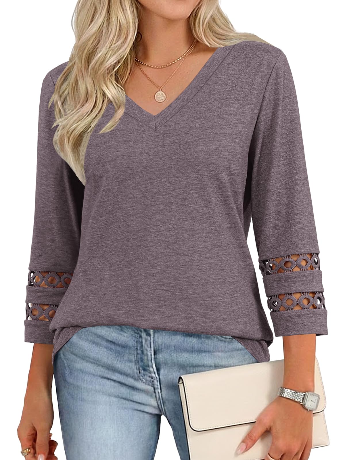 Cuptacc Bluse Damen V Ausschnitt Shirt Damen 3/4 Arm Elegant Oberteile Sommer Tunika Casual Basic Top