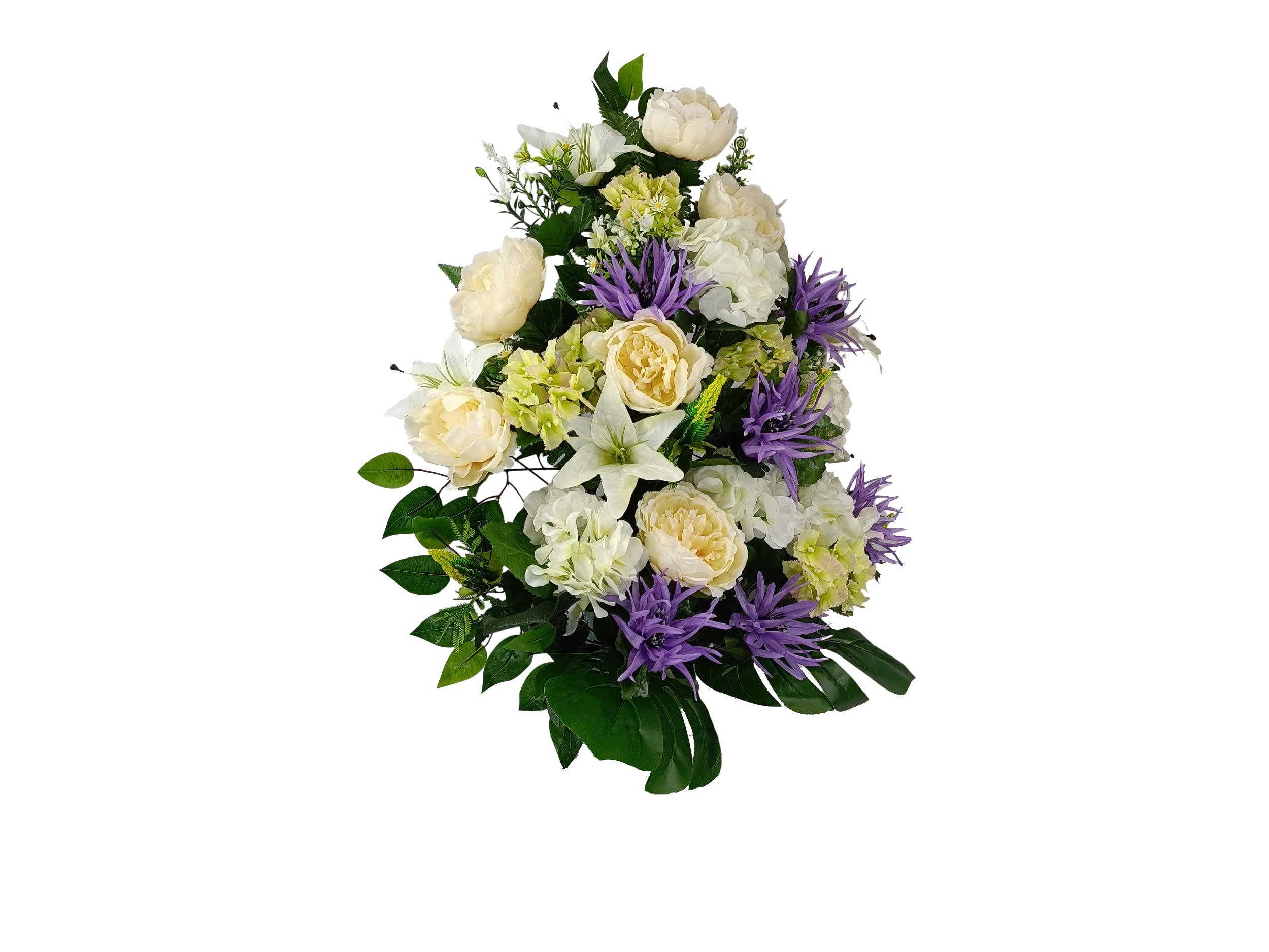 DRW Centro de Flores Artificiales para Cementerio Iglesias Bodas Centro de Flores para los Santos Beige Morado y Blanco 75x55 cm