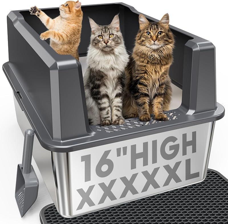 Caixa de Areia para Gatos XXXXX-Large em Aço Inoxidável com Tampa e Laterais Altas Pematar Cinza – 71,12 x 50,8 x 40,64 cm