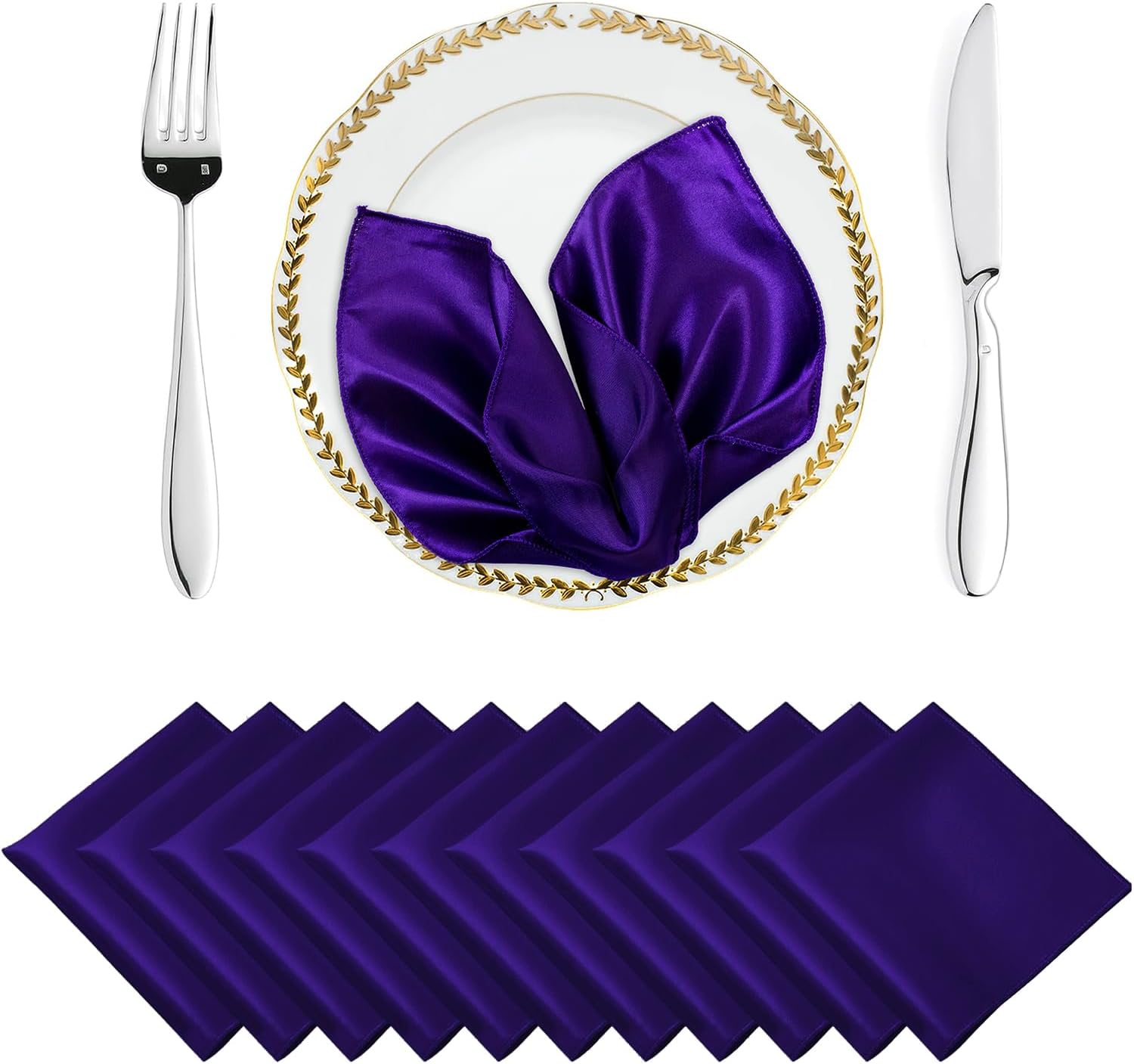 MDS Pack of 100 Satin Napkin Square 12 X 12 Inches Sliky Smooth Dinner Table Napkins Handkerchief for Weddings Baby Shower Birthday Party Home Banquet Dining Table Top Decorations - Purple