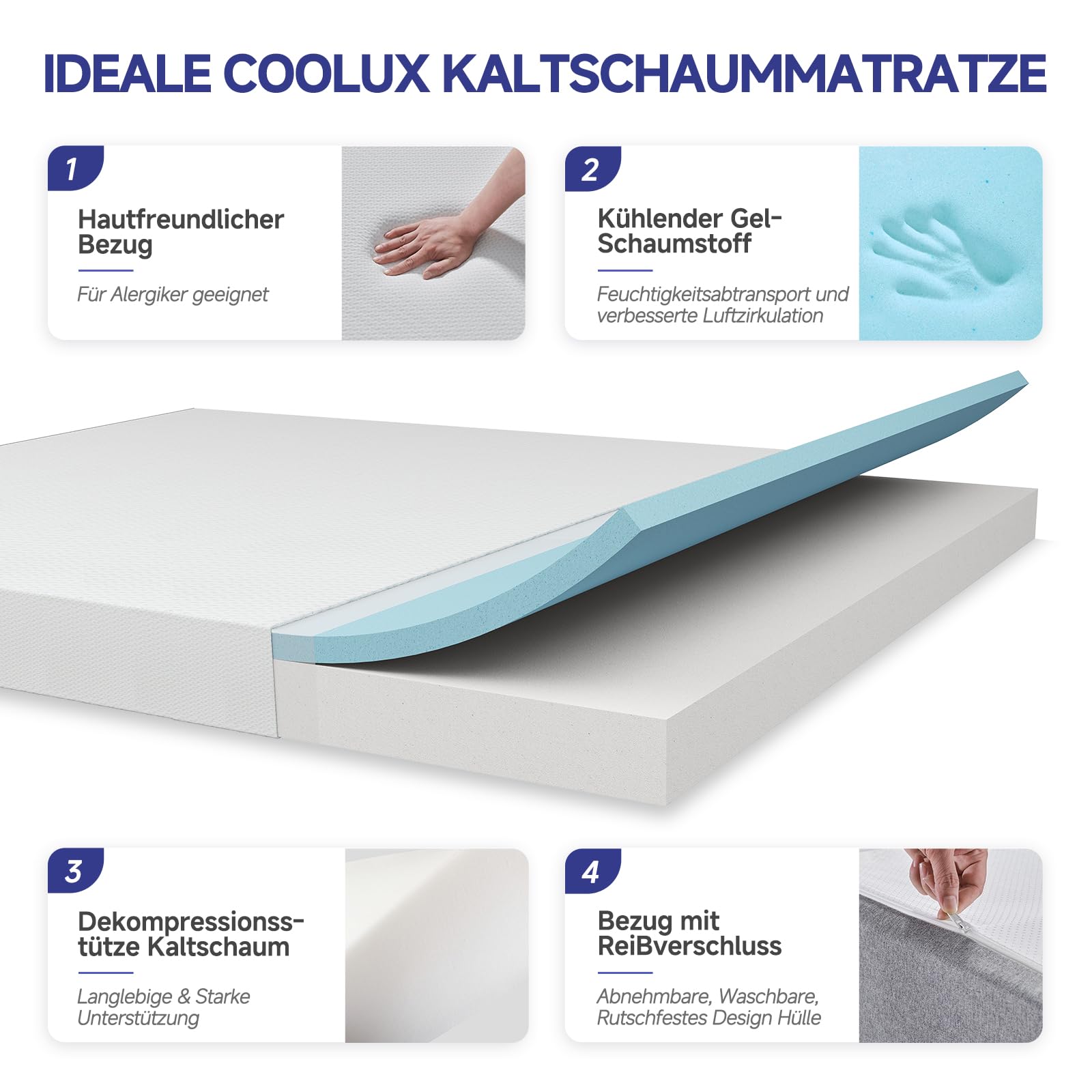 Matratze 90x200 H2 16cm Höhe Kaltschaum Rollmatratze Öko-Tex | Orthopädische Ergonomische Kaltschaummatratze für Kinder, Jugend & Erwachsene Hypoallergen Antibakteriell Waschbarer Bezug