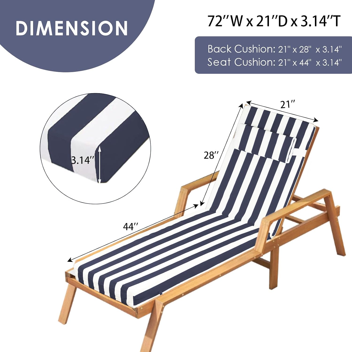 Chaise Lounge Cushions Outdoor, 72" x 21" x 3" Waterproof Memory Foam, Fade-Resistant & Reversible Patio Lounger Cushion Set for Patio & Pool (1, Striped Navy & White, 72x21x3.14in)