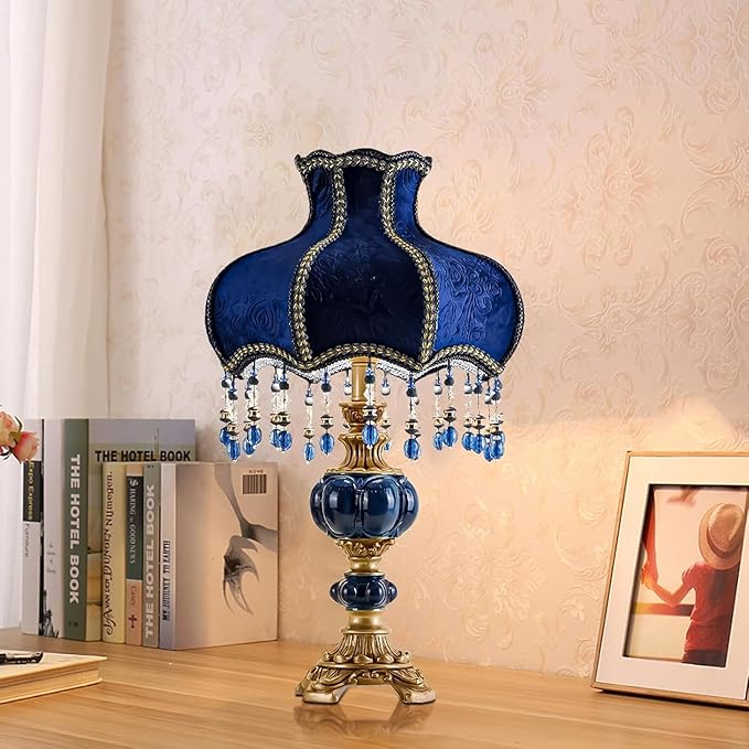 SANDYHA European Style Table Lamp with Fabric Lampshade Hand-Made Antique Varnished Resin Lampbody Victorian Style Table Lamp for Living Room Bedroom(Blue) photo 2