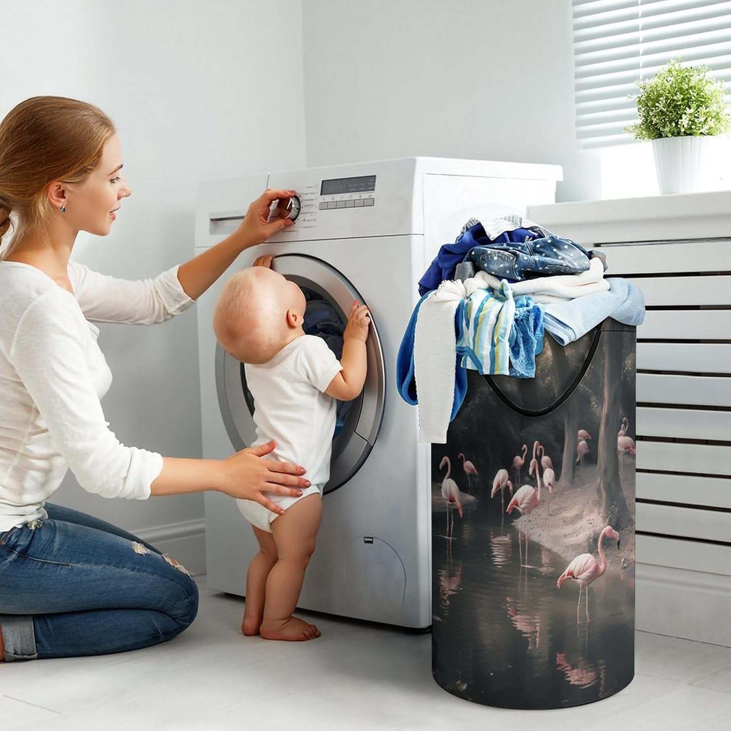 Large Laundry Basket Collapsible Laundry Hamper Waterproof Foldable Washing Bin Clothes Bag Pink Flamingo Freestanding Dirty Clothes Hampers for Laundry, Bedroom, Dorm