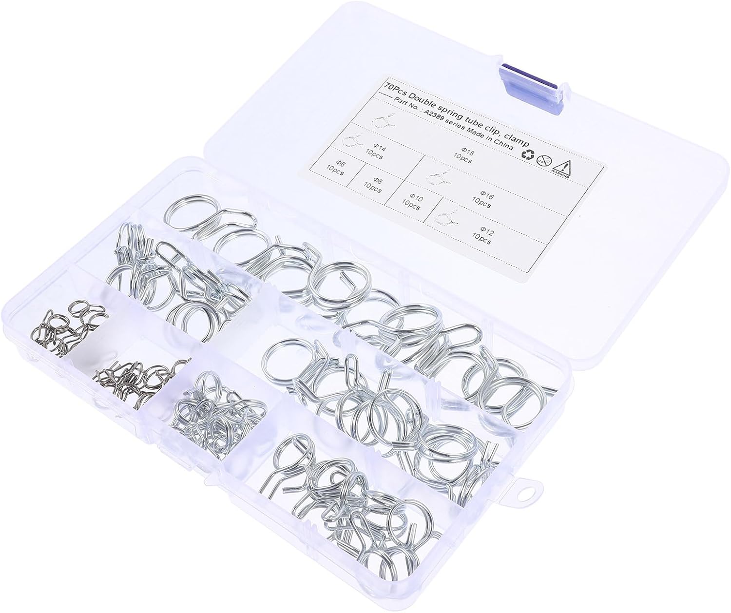 70pcs Double Wire Spring Clamps Fuel Line Hose Clamps Hose Fasteners for Automotive Motorcycle Size Φ6-φ18 Industrial Plumbing Use