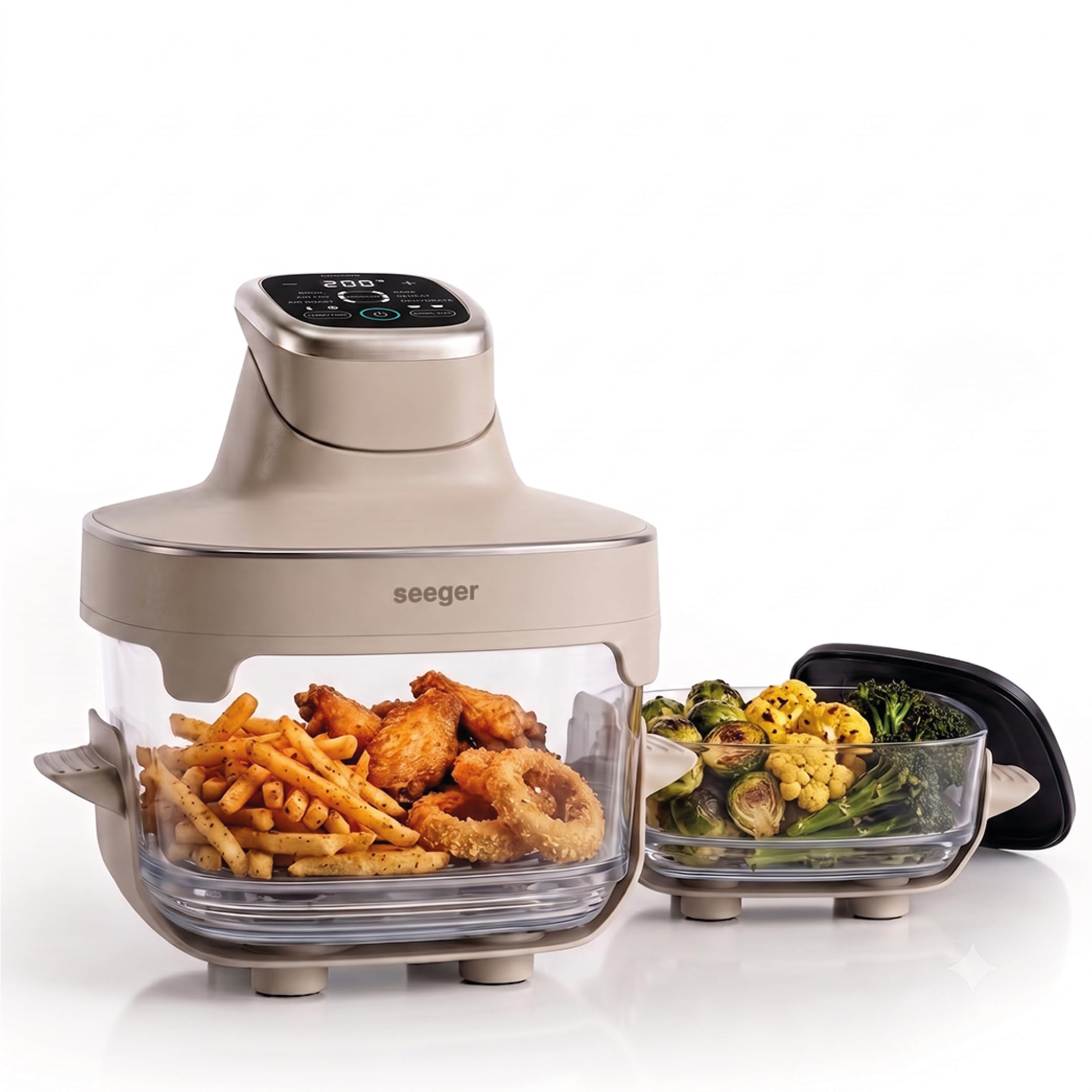 SEEGER ClearFry Freidora de aire vidrio portátil - 6 programas automáticos | Incluye 2 Recipientes De Vidrio Extraíbles y Tapas, Sin PFAS, 60°C à 200°C, Freír Con Aire