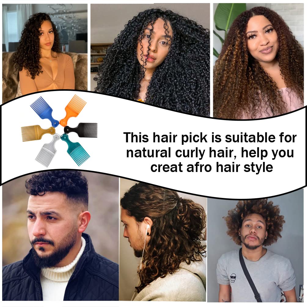6 Pack Wide Tooth Afro Picks for Curly Hairstyling, 6.3 Inch Plastic Afro Combs for Women and Men (6 Colors)