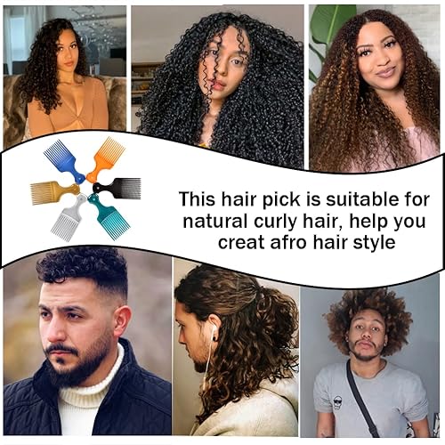 Miniatura 7 de Paquete de 6 púas afro de dientes anchos para peinado rizado, peines afro de plástico de 6.3 pulgadas para mujeres y hombres (6 colores)