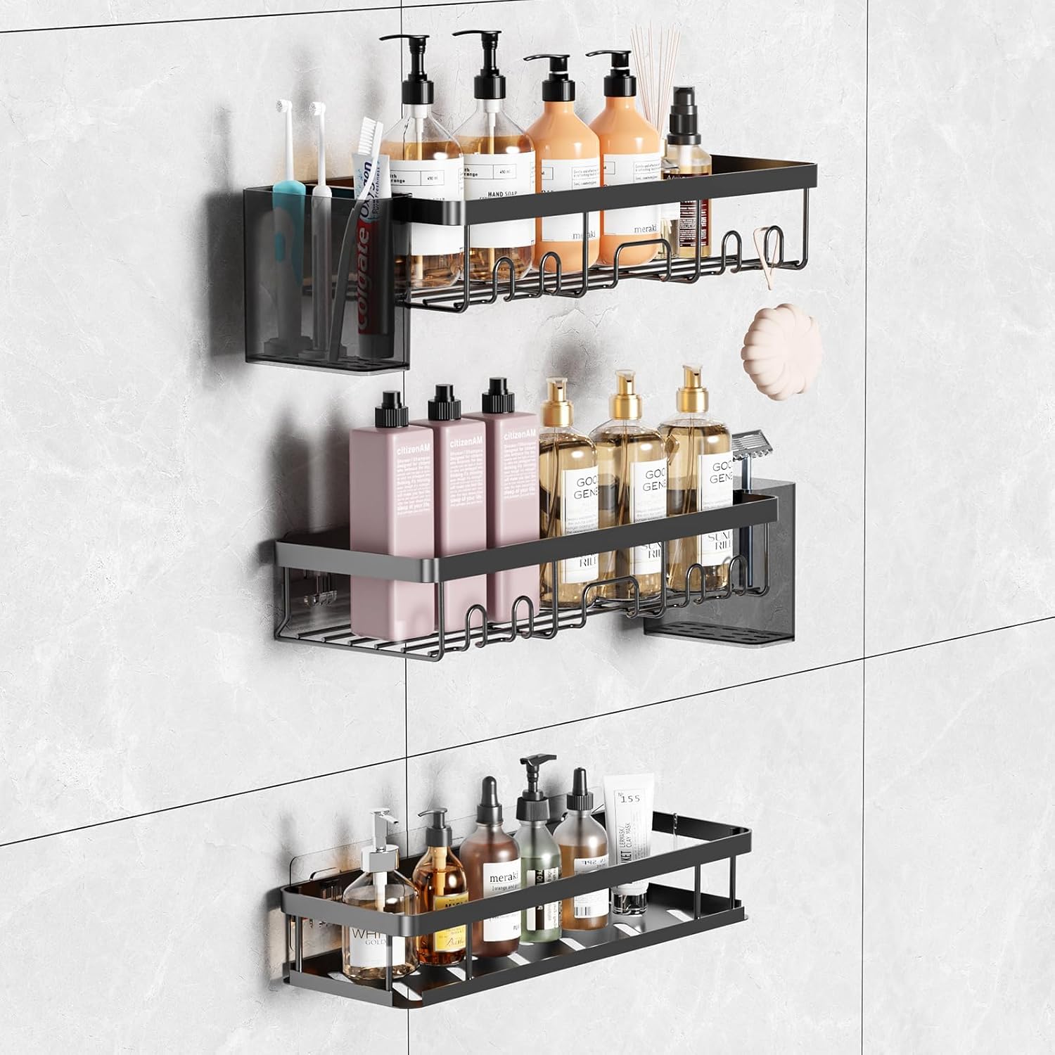 Yeaupe Pro Black Shower Caddy 5 Pack, No Drilling Adhesive Shower Shelf Set, Bathroom Organiser With 2 Shower Shelves, Basket & Toothbrush Holders, Rustproof Aluminium
