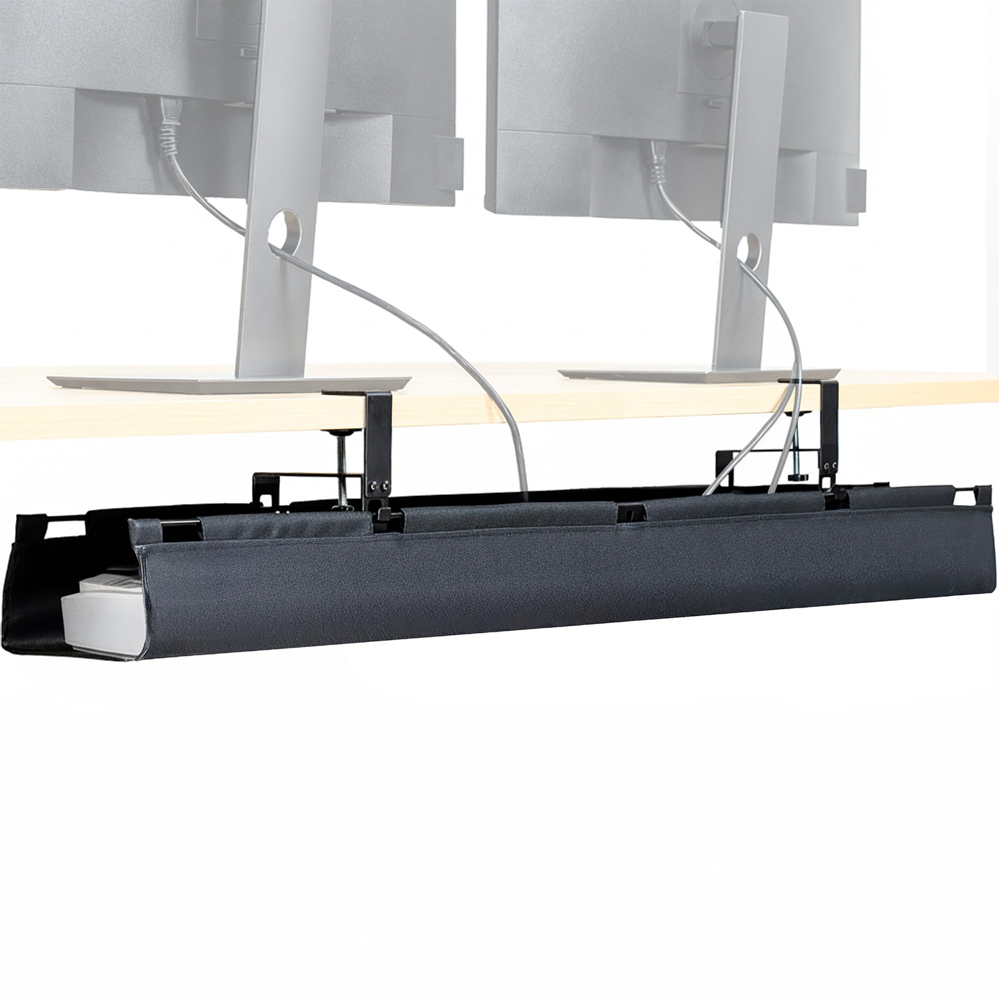 VIVO Bandeja de gestión de cables de tela de 47 pulgadas, corrector de cables, almacenamiento de regletas de alimentación, organización del espacio de trabajo, fácil acceso plegable, negro