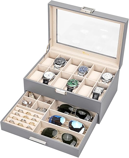 Voova 12 Slots Watch Box Organizer for Men Women,Mens Jewellery Box Watch Holder Display Case with Sunglasses Jewelry Drawer,PU Leather Watch Storage Boxes with Acrylic Glass Lid and Pillow,Grey