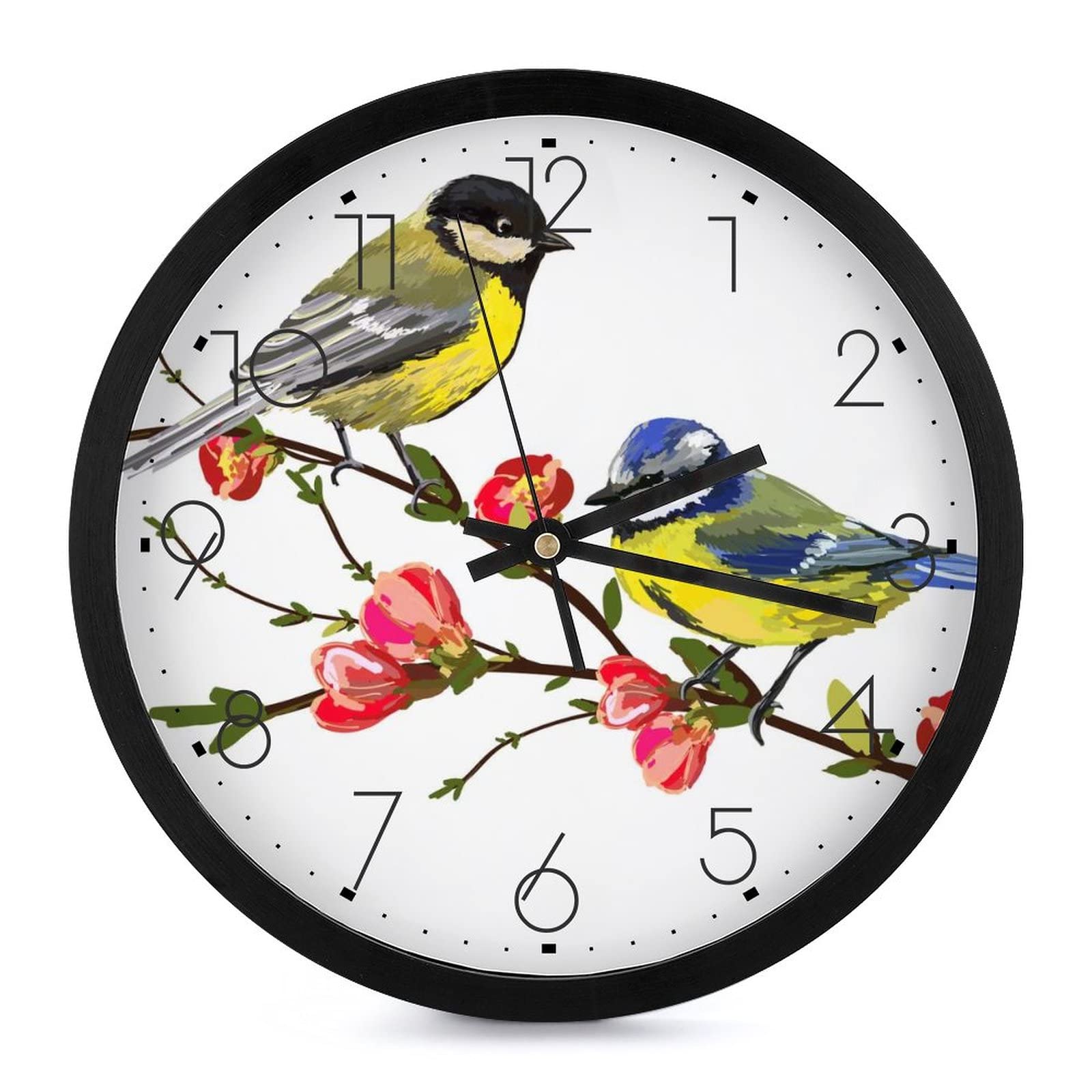 Pendule murale silencieuse sans tic-tac horloge moderne fleurs oiseaux 25.4cm