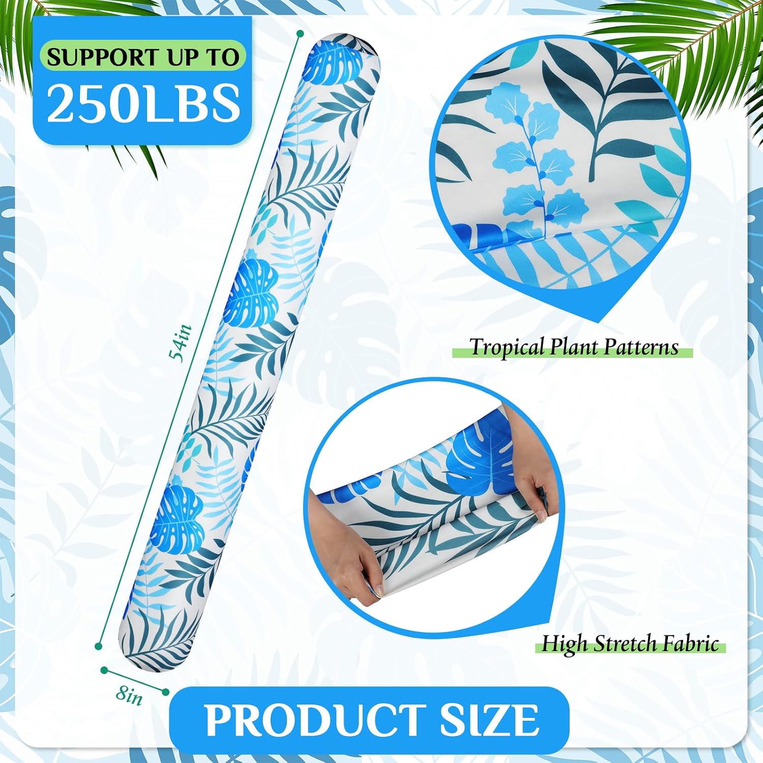 Soulchen 2 Pack Inflatable Pool Noodles Soft Fabric Covered 54'' Large Swim Noodles for Adults Hawaii Tropical Palm Leaves Premium Buoyancy for Pool Swimming Floating Beach Party Decor (Cool-Toned)