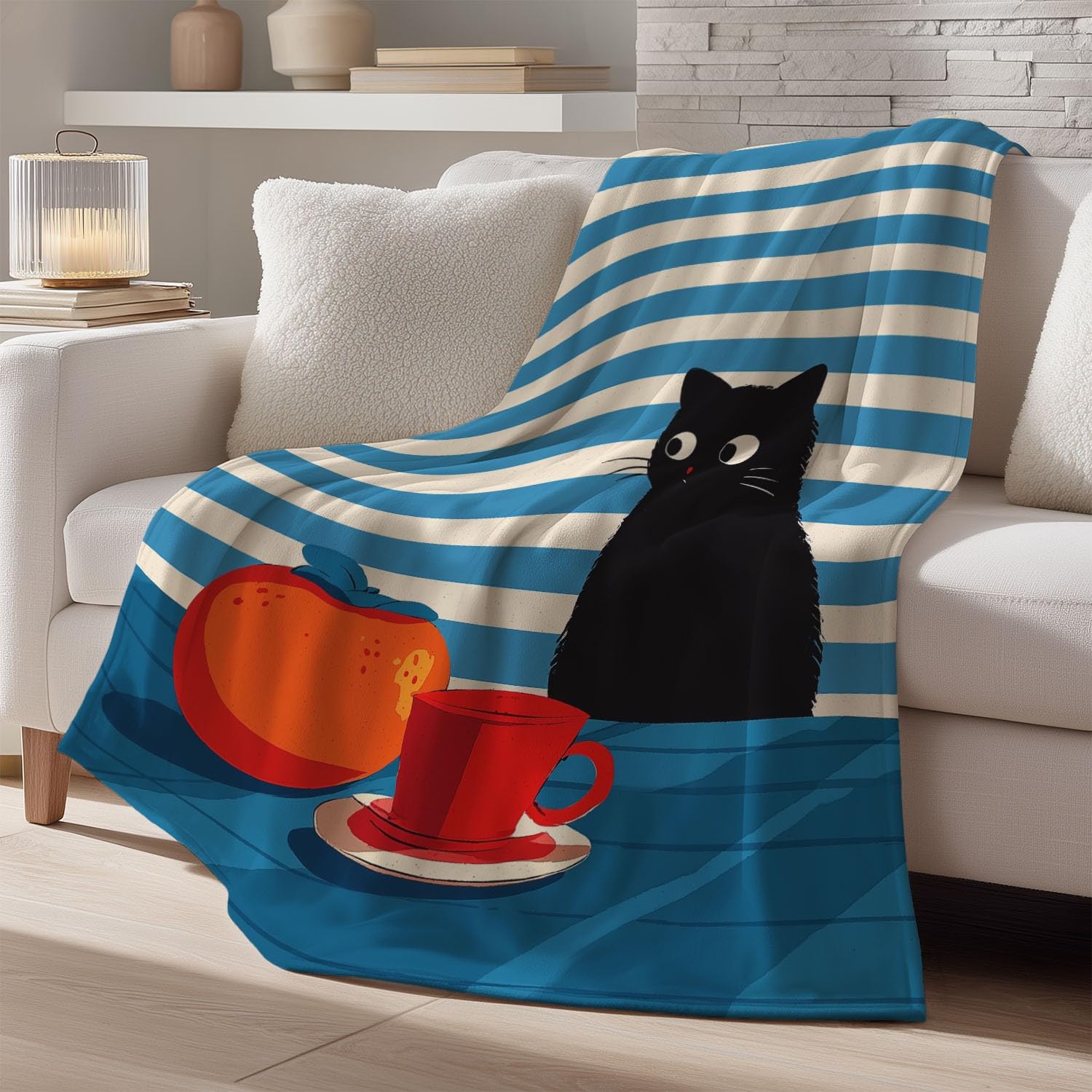 Générique Niebiesko-czarny flanelowy koc z minimalistycznym wzorem komiksowym, geometria kota, przytulny koc 180 cm x 200 cm, na łóżko, sofę, wystrój pokoju dziecięcego