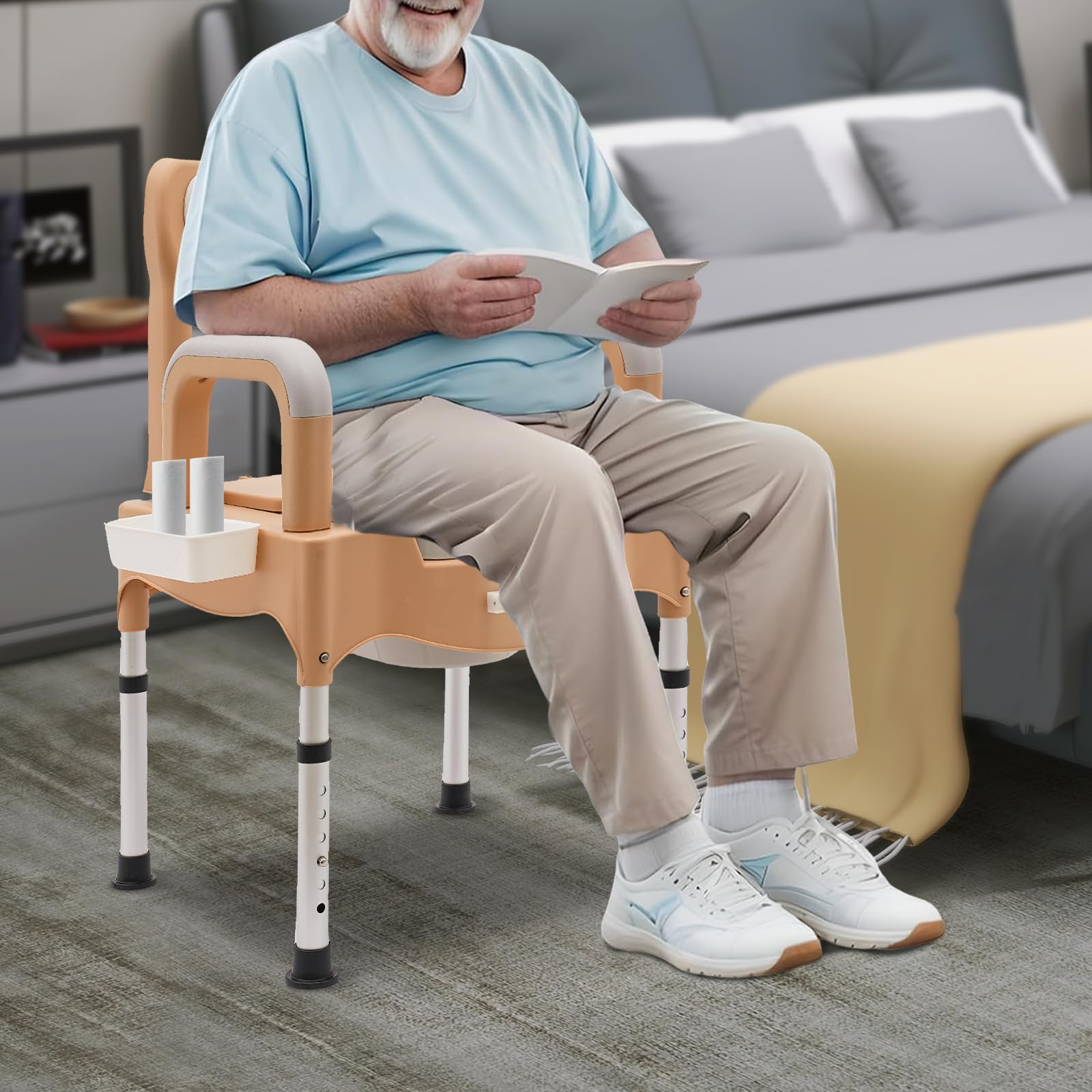 Krzesło toaletowe z podłokietnikami z regulacją wysokości – krzesło Commode z wiadrem, lampka nocna, stabilna aluminiowa konstrukcja do pielęgnacji seniorów