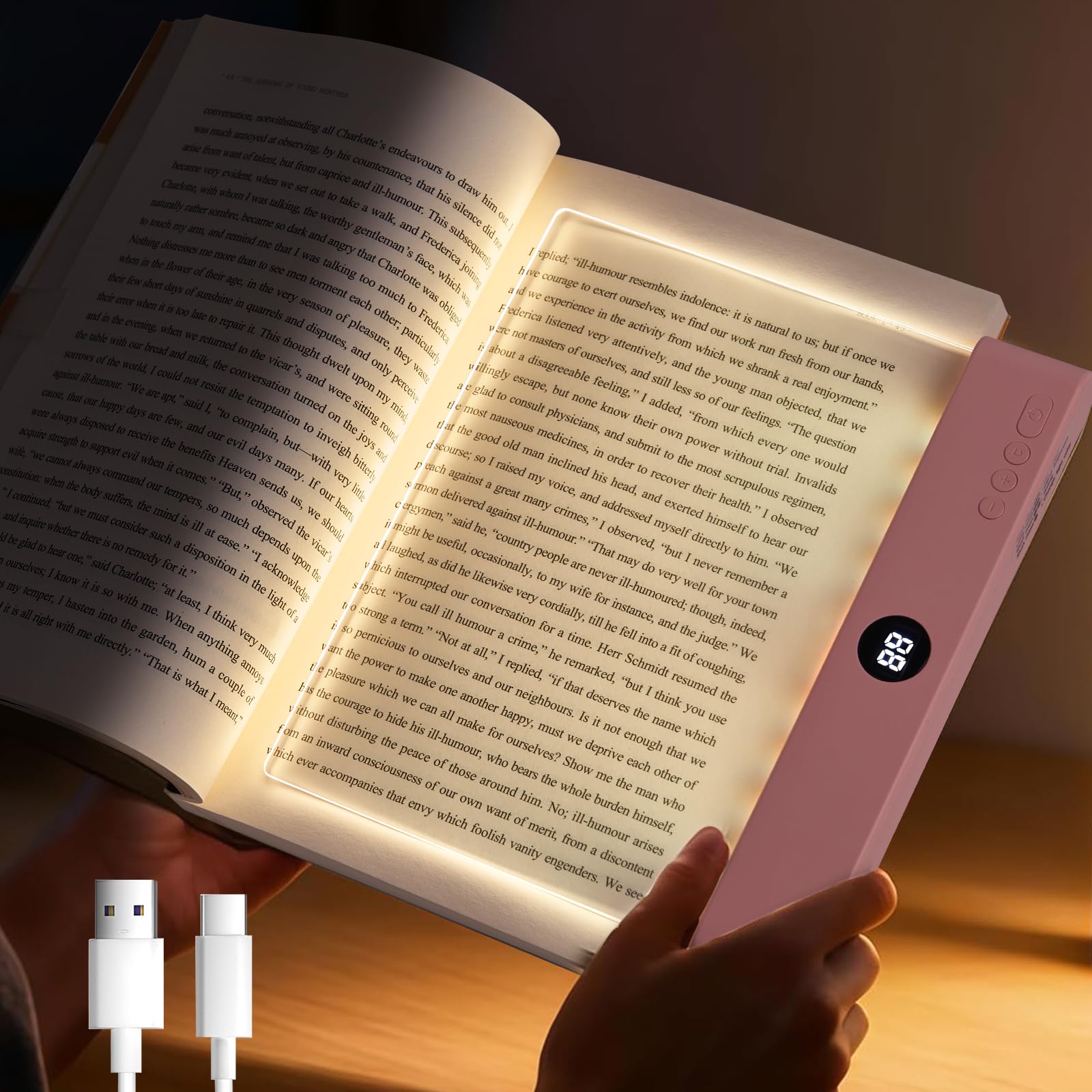 Smart Flat Book Light, Rechargeable LED Eye Protection Clear Full Page Light, LED Reading Book Night Light with 3 Colors & Timer, Reading Lights for Books in Bed, Page Lights for Bed & Car (Pink)