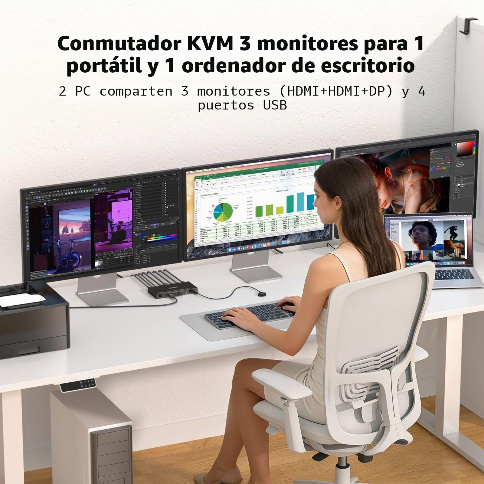 Triple Monitor KVM Switch 1 Laptop 1 Desktop, USB 3.1 KVM Switch 2 PC 3 Monitores USB-C HDMI DP Comparten 4 USB ports, 100W PD, 4K@60Hz, MST, Wired Remote(4K USBC DP HD 2 in 3 out)