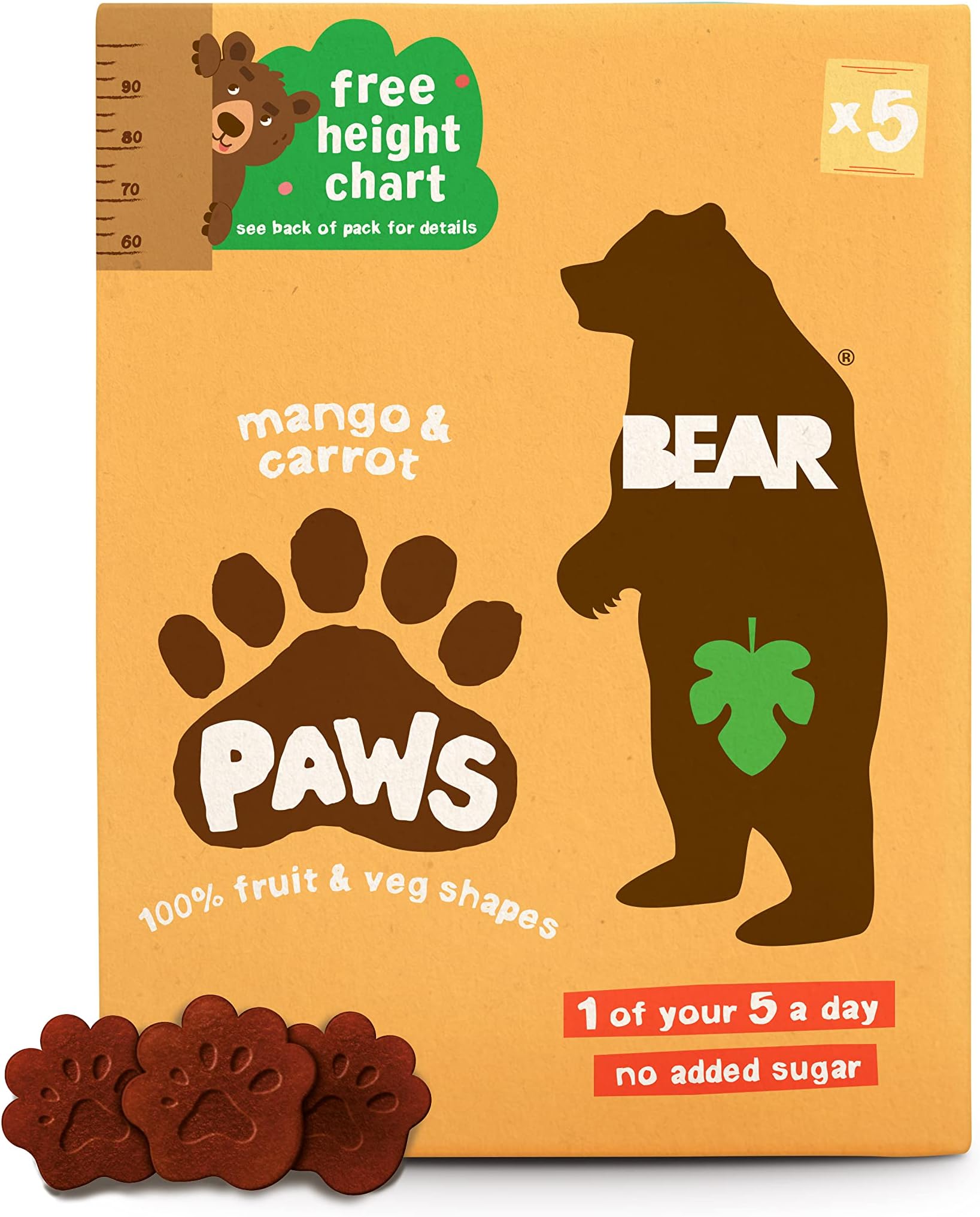 BEAR Mango & Carrot Pure Fruit & Veg Paws - Suitable for 2+ years - Healthy - 20g - 4 x 5 Packs (Pack of 20)