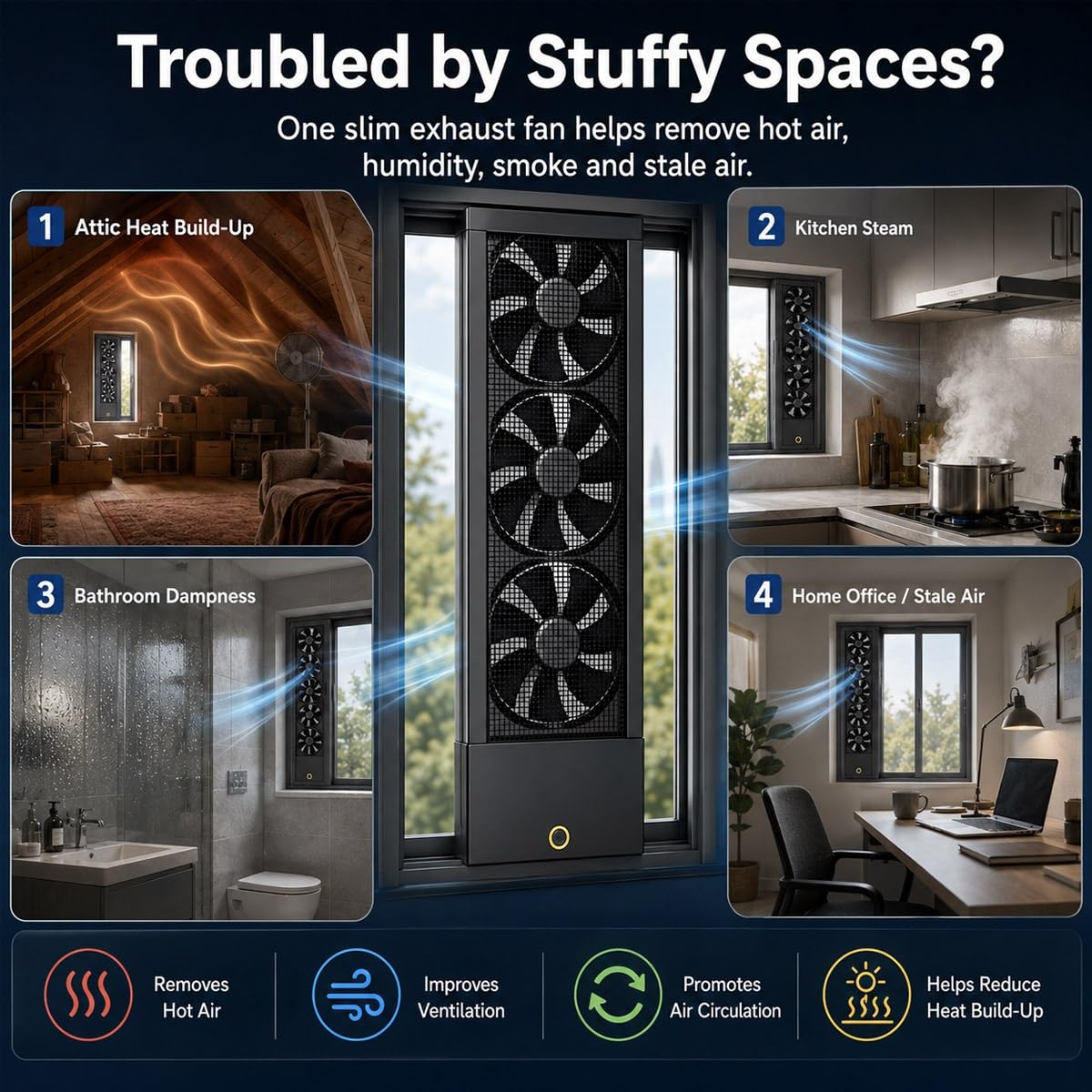 Genérico Ventilador vertical para ventanas correderas, extractor de ventana sin herramientas con velocidad ajustable, ayuda a eliminar aire caliente, olores y humedad