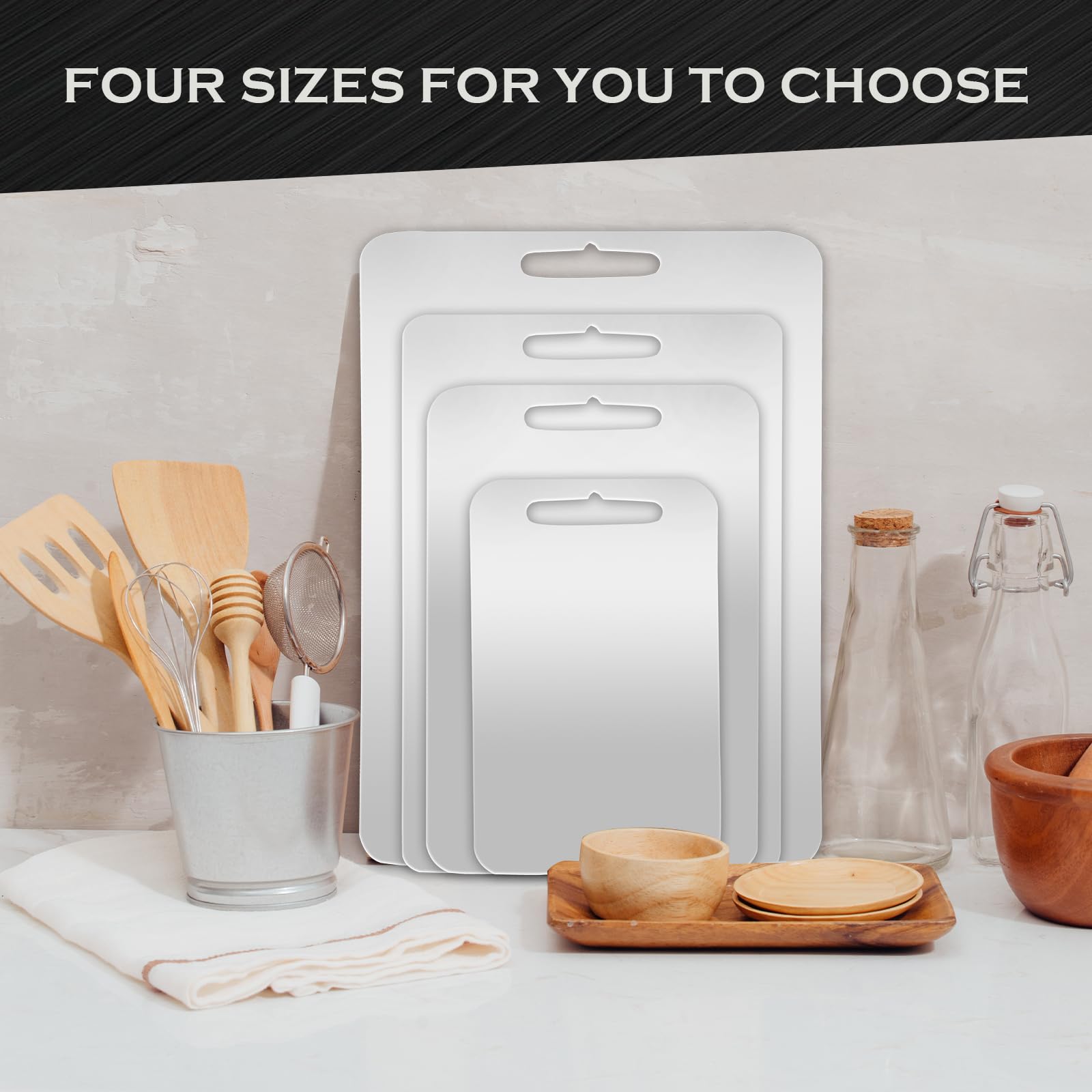4 tablas de cortar de acero inoxidable 304 de doble cara con 4 paños de limpieza, aptas para lavavajillas, para cocina, carne, frutas y verduras